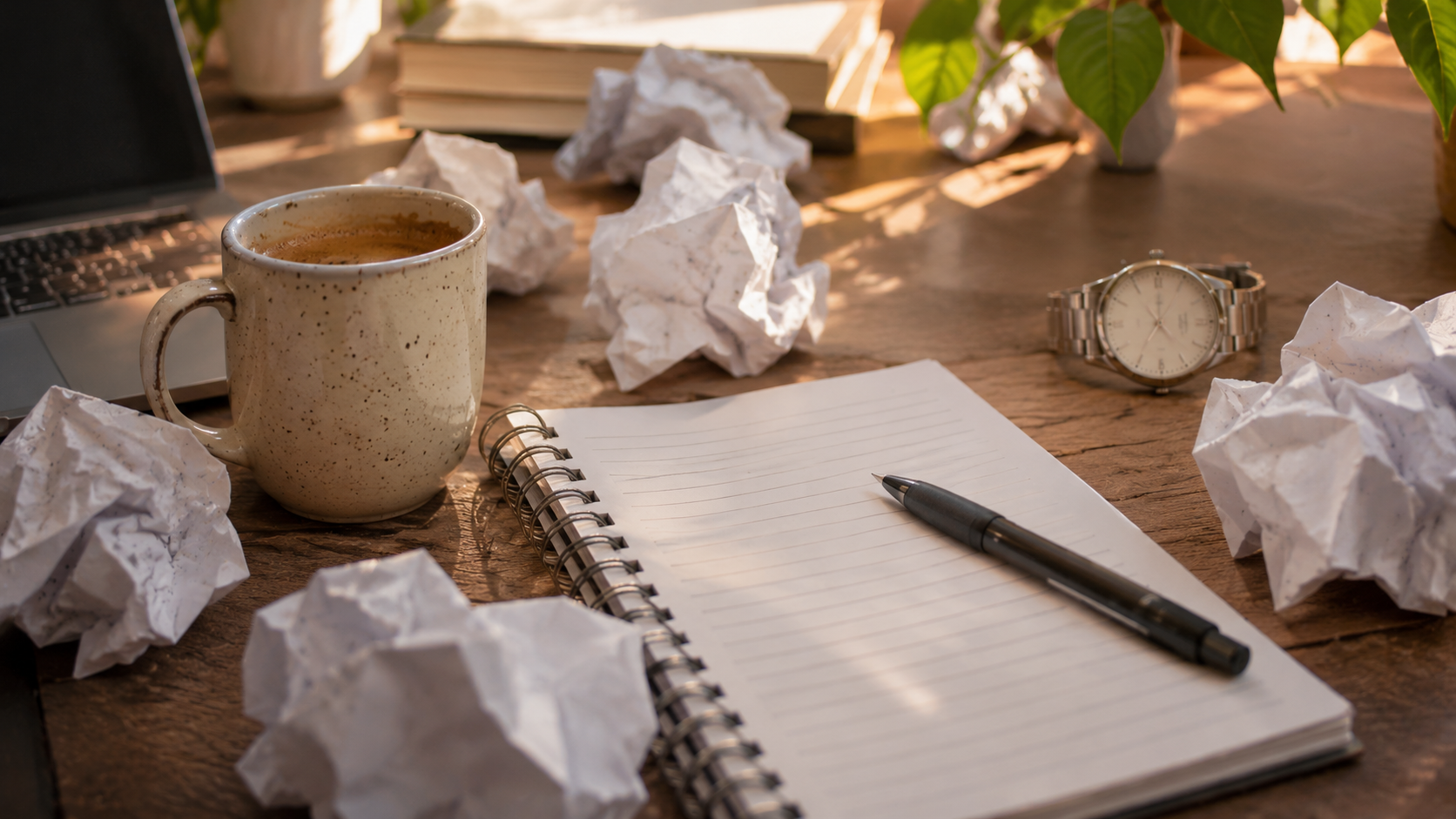 Tasse de café, papiers froissés, carnet et montre illustrant le stress du quotidien