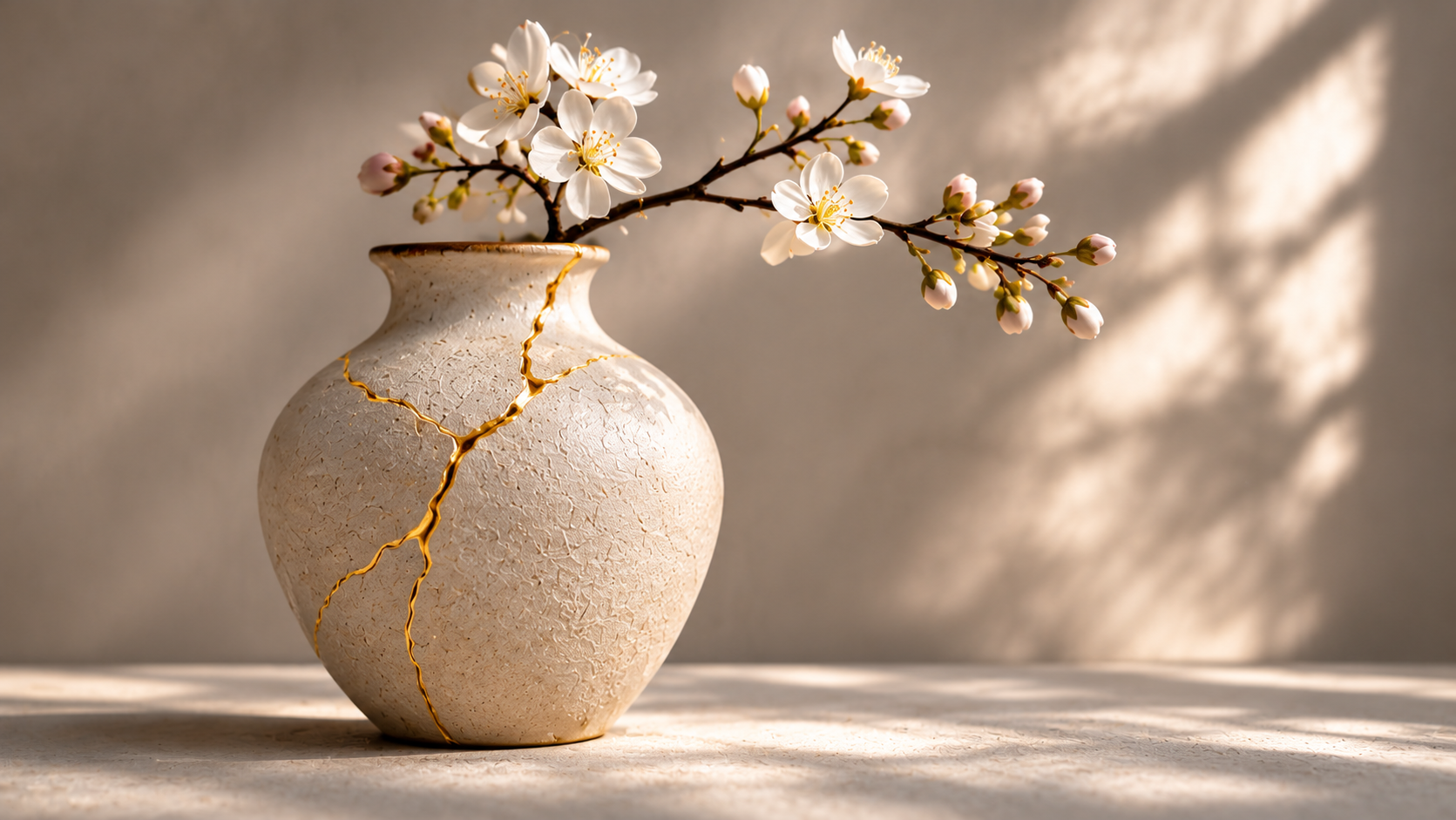 Vase en céramique aux fissures dorées, illustrant l'atelier Les Blessures
